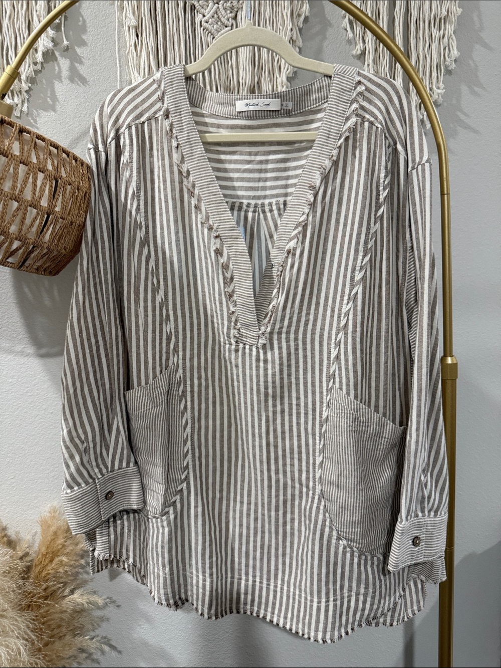 Mustard Seed Taupe & White Striped Tunic Top